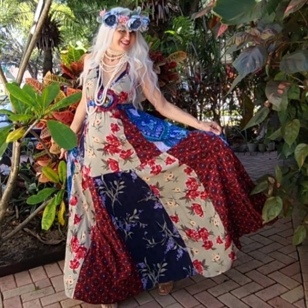 Designer Maxi Dress European Cotton Pathwork Cottage Luxury Floral Boho